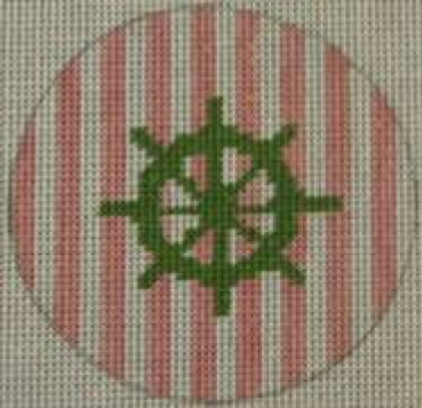 NTO15 Ship Wheel on Stripe - Green and Pale Pink 3" Round 18 Mesh Kristine Kingston Needlepoint Designs