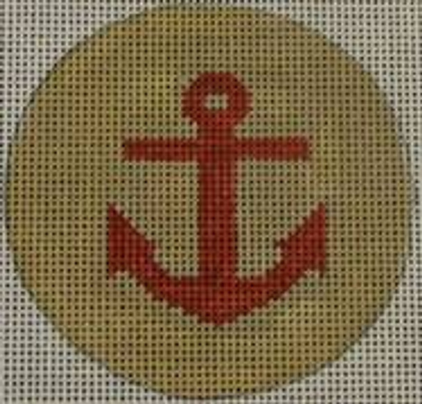 NTO17 Anchor on Solid Background - Red and Khaki 3" Round 18 Mesh Kristine Kingston Needlepoint Designs