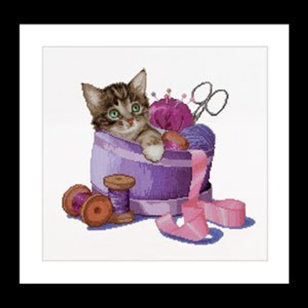 GOK736A Thea Gouverneur Kit Sewing Basket Kitten 12" x 12"; Aida; 16ct