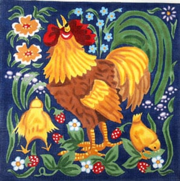 C-265a Red Rooster with Chicks - Wildflowers and Leaves 14 x 15  13 The Meredith Collection