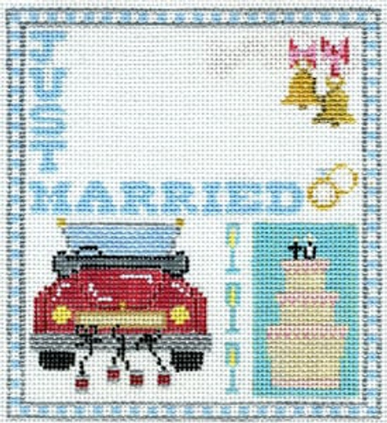 T-3c Just Married Sampler-Wedding info not included in price 4 1/2 x 5 18 Mesh The Meredith Collection