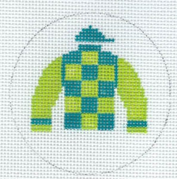 XO-140m Jockey Silk Ornament Lime Green and Teal Checkerboard sleeves 18 Mesh The Meredith Collection