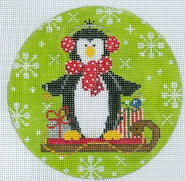 XO-172w Frosty Penguin On Sled 5" Round 18 Mesh The Meredith Collection