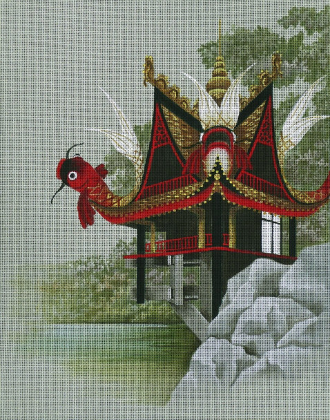 7143 Koi House 11" x 14" 18 Mesh Leigh Designs  Fantasy Pagoda