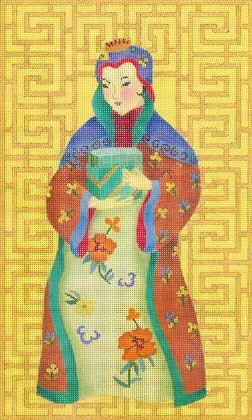 ED-17117 Chinese Lady with Box 18g, 7" x 12", on butter canvas DeDe's Needleworks