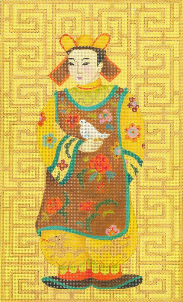 ED-17122 Chinese Man with Bird 18g, 7" x 12", on butter canvas DeDe's Needleworks