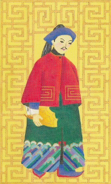 ED-17124 Chinese Man with Fan 18g, 7" x 12", on butter canvas DeDe's Needleworks