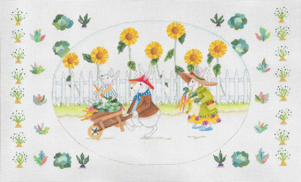 ED-17156 Gardening Bunny Family II 18g, 15" x 9"  DeDe's Needleworks