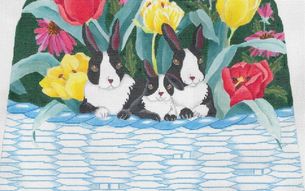 ED-17170 Bunnies In A Basket With Flowers 13g, 18" x 16" DeDe's Needleworks
