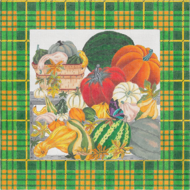 ED-17220 Autumn Farmer's Market with border 18g, 13" x 13" DeDe's Needleworks