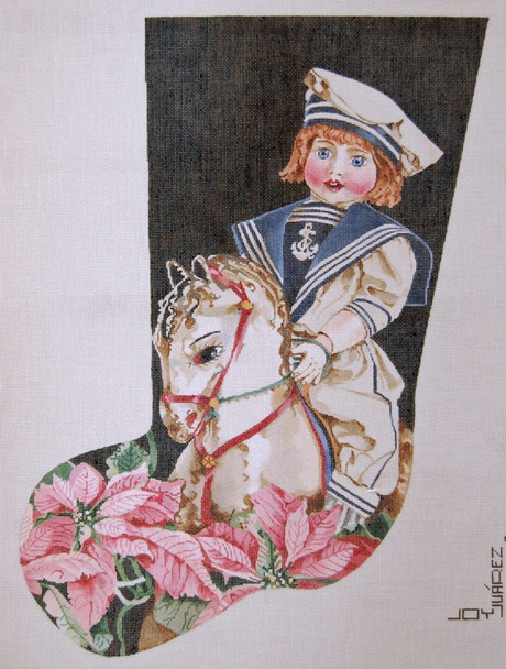 JJS-1029 French Doll On Horse/Poinsettias 18g, 13" x 20" CHRISTMAS STOCKING JOY JUAREZ