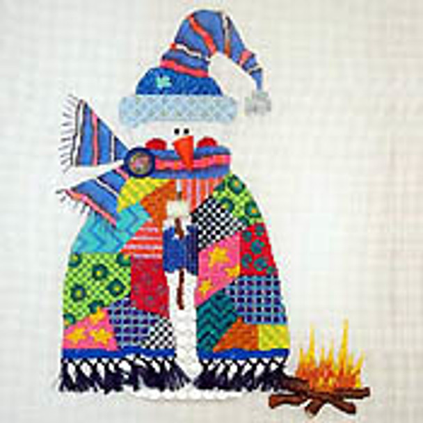 N-S-106D Patchwork Snowman Roasting Marshmallows 13 Mesh 7 x 11.5 With Cathi Rosengren Stitch Guide  Shown Stitched Renaissance Designs