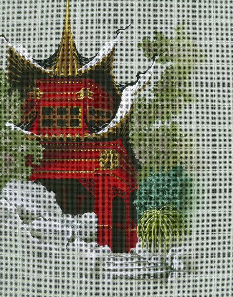 7140 Temple Of 1000's Cranes 11" x 14" 18 Mesh Leigh Designs  Fantasy Pagoda