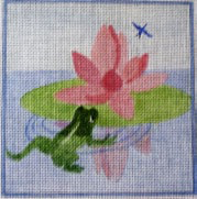 11945 CWD-A53  Water Lily 6 x 6 18 Mesh Stitch Painted Stitch Painted Changing Women Designs Varied pink flower w/ green frog