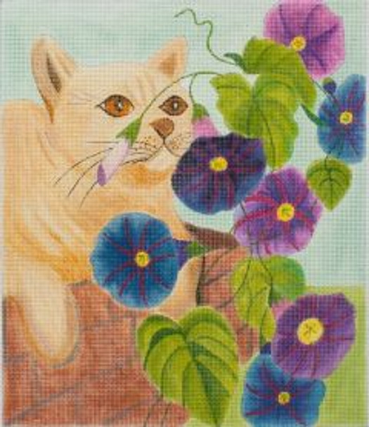 84928 CWD-A34 Cat and Morning Glories  9x10.5, 13 x 14.5  18 Mesh Changing Women Designs Cat gazing forward through morning glories