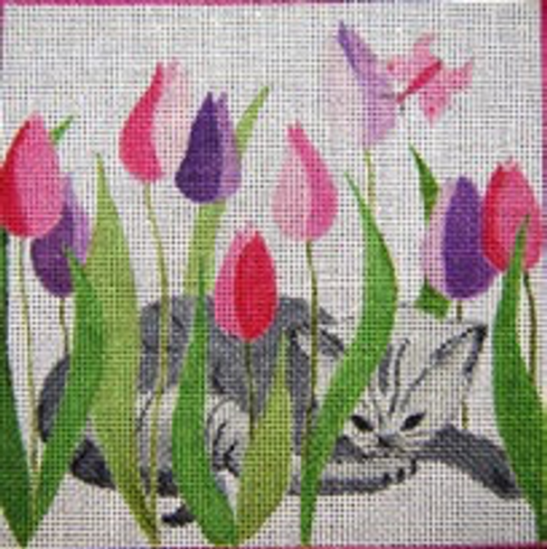 11939 CWD-A35 Cat and Tulips 8 x 8   18 Mesh Changing Women Designs