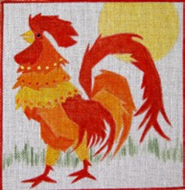 11951 CWD-A65 Cock (Rooster) 8 x 8 18 Mesh Stitch Painted Changing Women Designs Red,orange and yellow bird w/ yellow sun