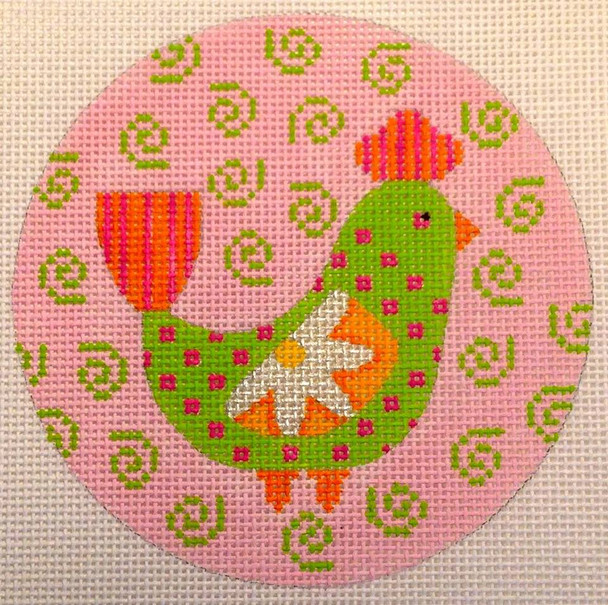 N113E Mod Bird 4" Rnd - Pink/green Swirl  Background  4" diameter EyeCandy Needleart