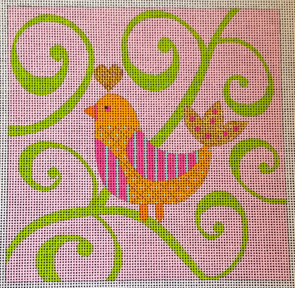 N114B Mod Bird - Pink/green Swirl Background 6x6 EyeCandy Needleart