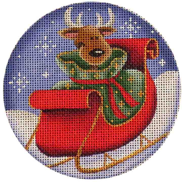 1013f In the bag Rudolph Sleigh 4" Round 18 Mesh Rebecca Wood Designs!
