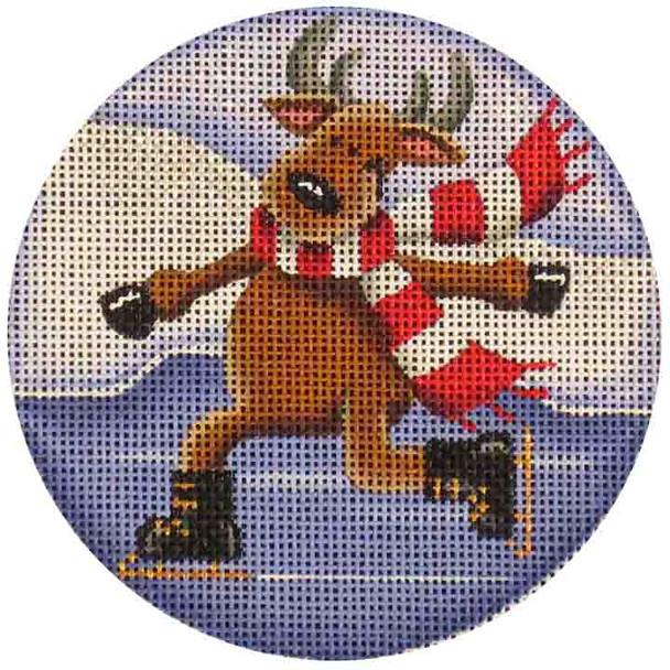 1013b Skating reindeer  4" Round 18 Mesh Rebecca Wood Designs!