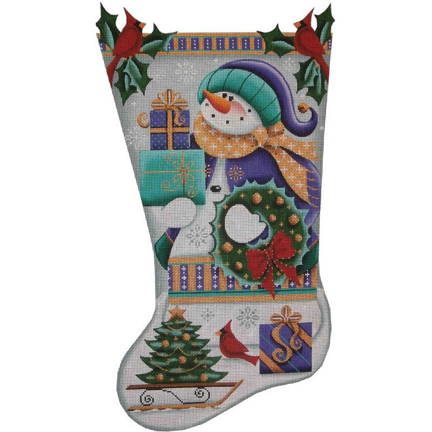 1365d Purple Snowman Stocking 11" x 19" 18 Mesh Rebecca Wood Designs!