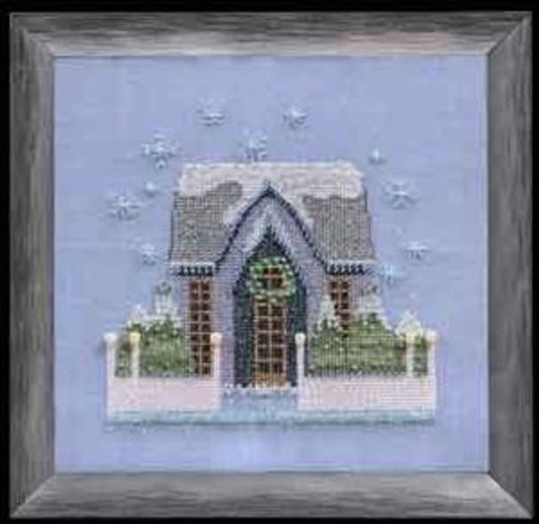 NC160 Nora Corbett Little Snowy Gray Cottage Approximate design size 5.6" w x 5.8" h