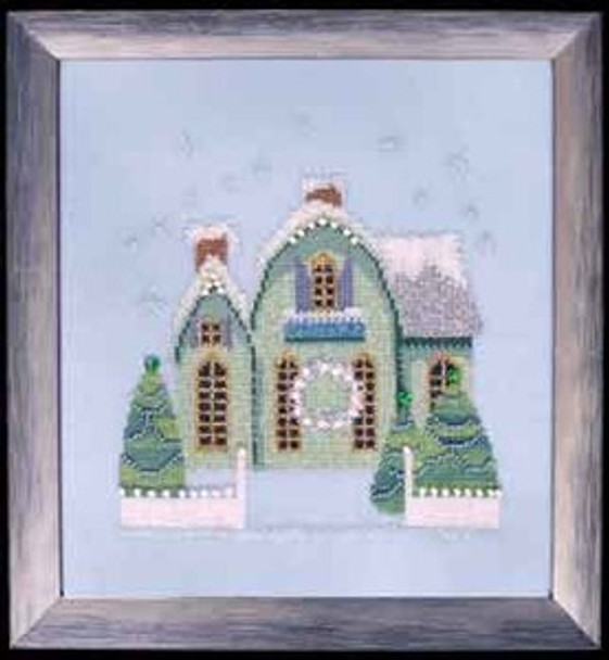 NC159 Nora Corbett Little Snowy Green Cottage Approximate design size 5" w x 6.8" h
