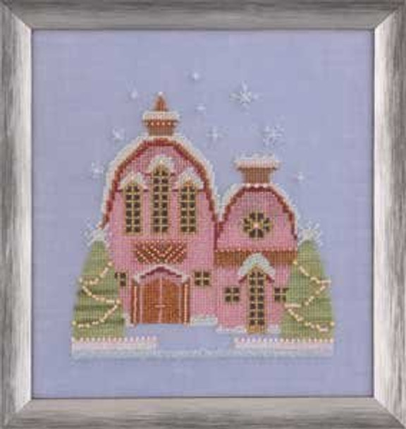 NC162 Nora Corbett Little Snowy Pink Cottage Approximate design size 5.1" w x 7.5" h