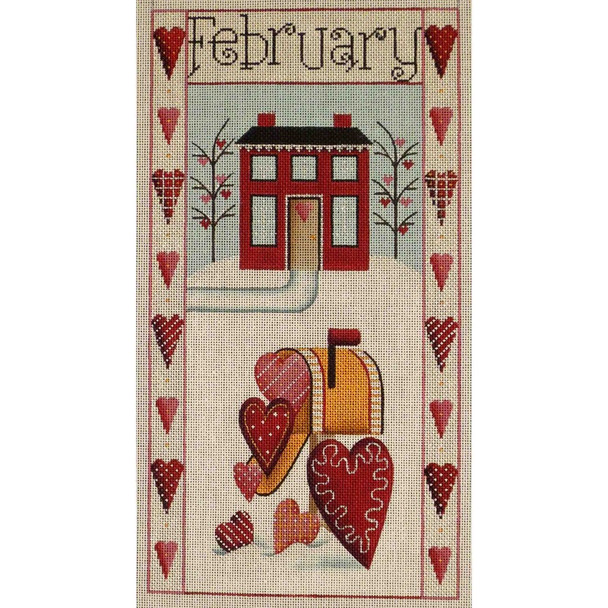 536b February Folk Banner 7" x 13" 18 Mesh Rebecca Wood Designs!