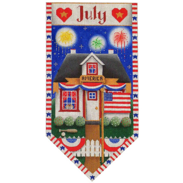 529g July Cottage Banner  7" x 13" 18 Mesh Rebecca Wood Designs!