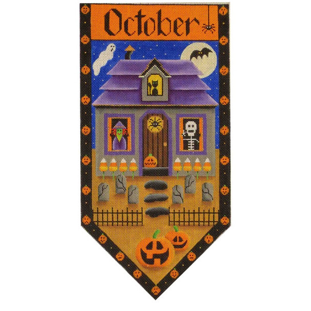 529j Halloween Cottage Banner 7" x 13" 18 Mesh Rebecca Wood Designs!