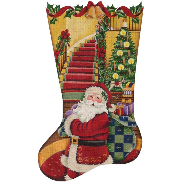 1348 Santa’s Visit Stocking 11" x 19" 13 Mesh Rebecca Wood Designs!