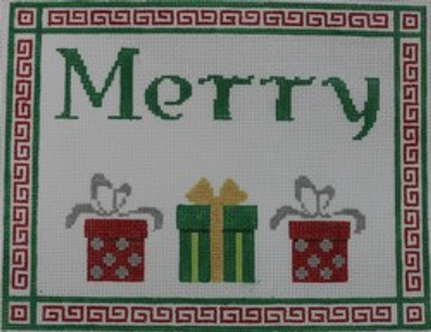 SG21 Merry with Three Packages 6 x 7.5  18 Mesh Kristine Kingston Needlepoint Designs