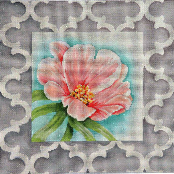 D-1820B Peach Floral #1/Quatrefoil Border 14x14 13 Mesh Associated Talents 