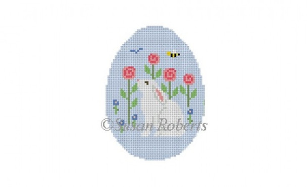 0444 Rabbit Smell the Flowers, egg 3" x 4"  18 Mesh Susan Roberts Needlepoint 