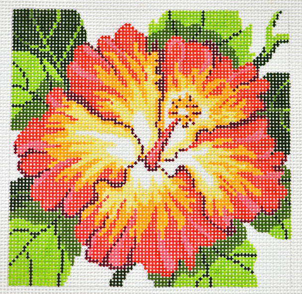 AO1252 Lee's Needle Arts Floral, Peach Hibiscus Hand-painted canvas - 12 Mesh 7in. X 7in.