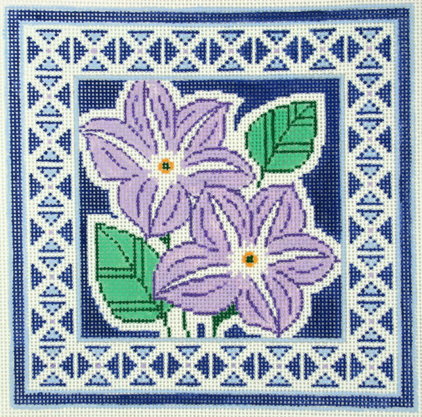 AO1296 Lee's Needle Arts Floral, Violet on Blue Hand-painted canvas - 13 Mesh 8in x 8in