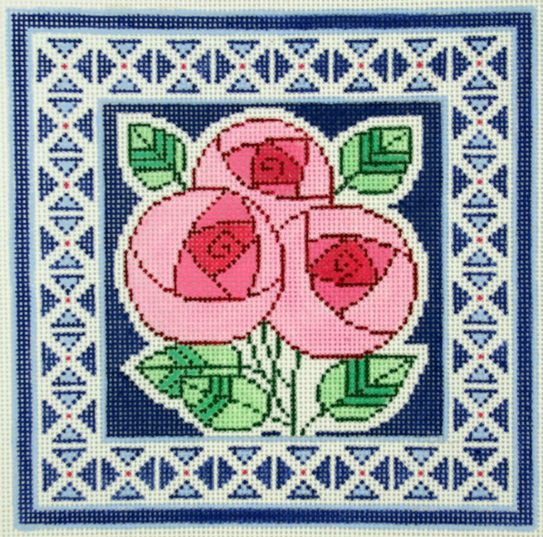 AO1298 Lee's Needle Arts Floral, Peony on Blue Hand-painted canvas - 13 Mesh 8in x 8in
