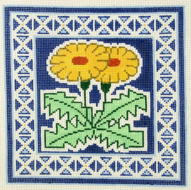 AO1300 Lee's Needle Arts Floral, Yellow Daisy on Blue Hand-painted canvas - 13 Mesh 8in x 8in