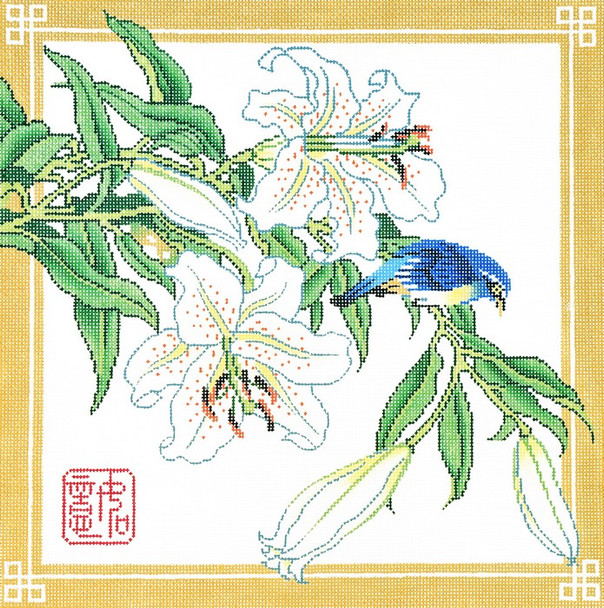 P1225 Lee's Needle Arts Floral, Lilies with Bird Hand-painted canvas - 13 Mesh 14X14