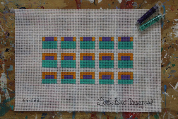 EG-023 Aqua, yellow and purple squares 3.5" x 7" Canvas Only 18 Mesh Little Bird Designs