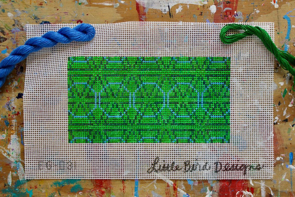 EG-031 Green triangles blue circles 3.5" x 7" 12 Mesh Little Bird Designs Canvas Only