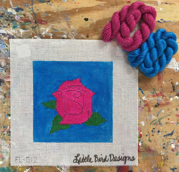 FL-012 Pink rose on blue background 13 Mesh Little Bird Designs 5″ x 5″