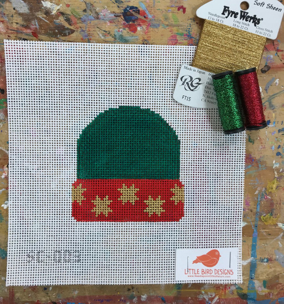 SC-003 Green with gold stars Stocking Cap About 3.5″ square 13 Mesh Little Bird Designs