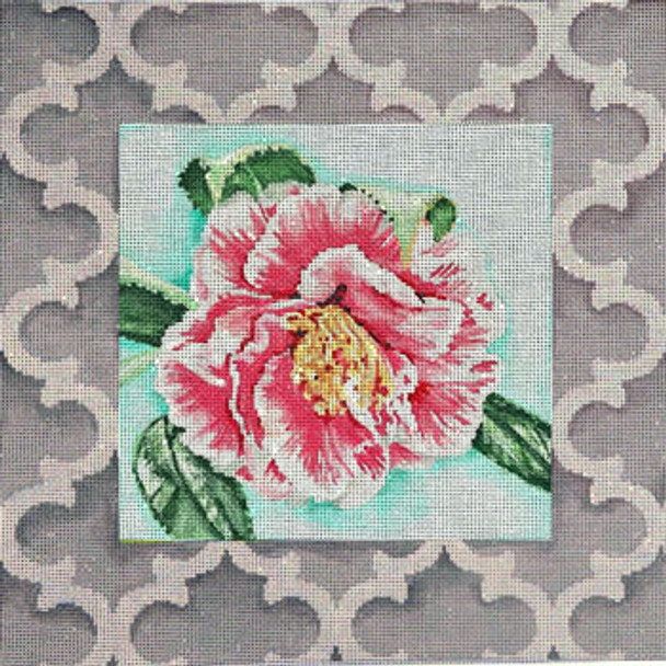 D-1827B Pink Camellia/Quatrefoil Border 14x14 13 Mesh Associated Talents 