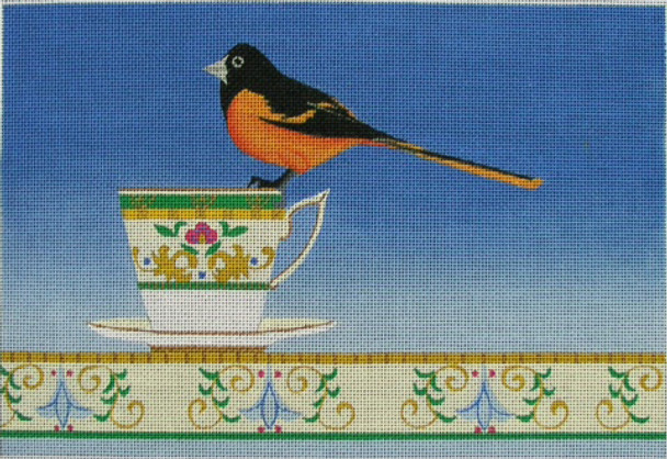 ZE451 Zecca Goldfinch on a Tea Cup 11" x 7.5" 18 Mesh