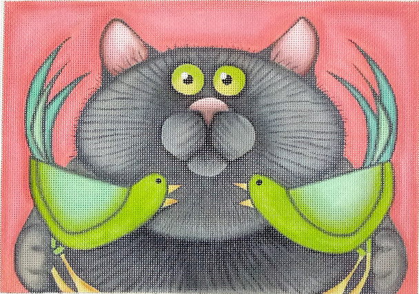 ZELR110 Gray Cat w/ 2 Green Birds  10.5" x 7.5" 18 Mesh Linnea Riley Zecca