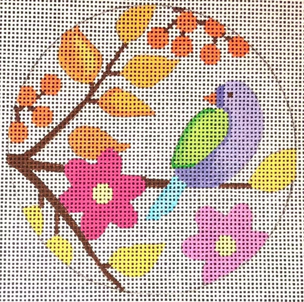 N126A Birds & Blooms - ornament - violet bird 4" round EyeCandy Needleart