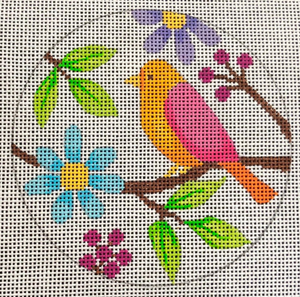 N126D Birds & Blooms - ornament - orange bird 4" round EyeCandy Needleart